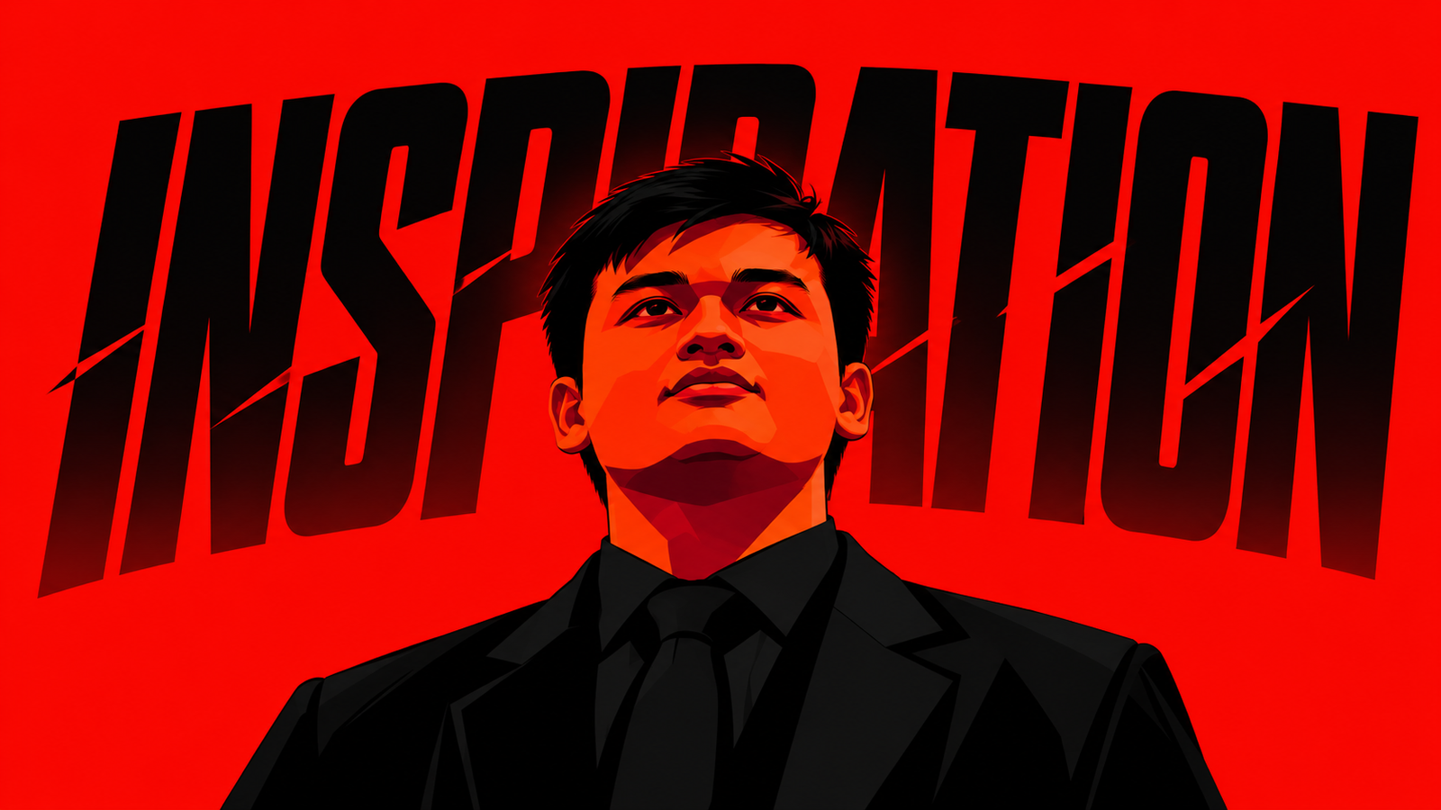 Portrait ilustratif Roysihan dengan latar merah dan tipografi Inspiration